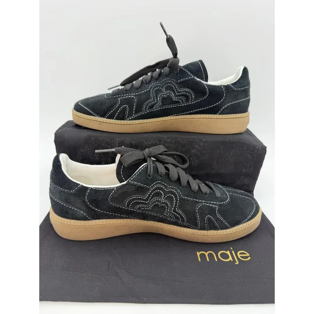 Maje Low Profile Sneakers Black Suede Size 39 / 9 Retro Contrast Stitching